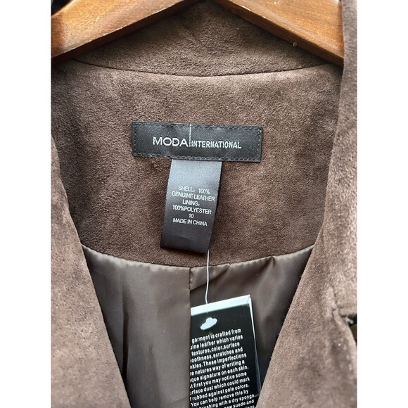 New Moda International Suede Brown Leather Biker Jacket Womens Size 10 No Belt - Picture 3 of 13
